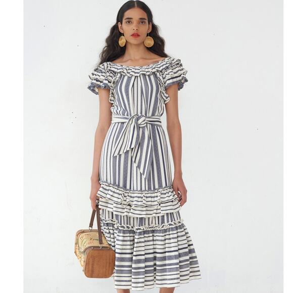 MARISSA WEBB 'Elia' Ivory & Navy Striped Linen Midi Dress NWT $595 US S - Picture 2 of 10
